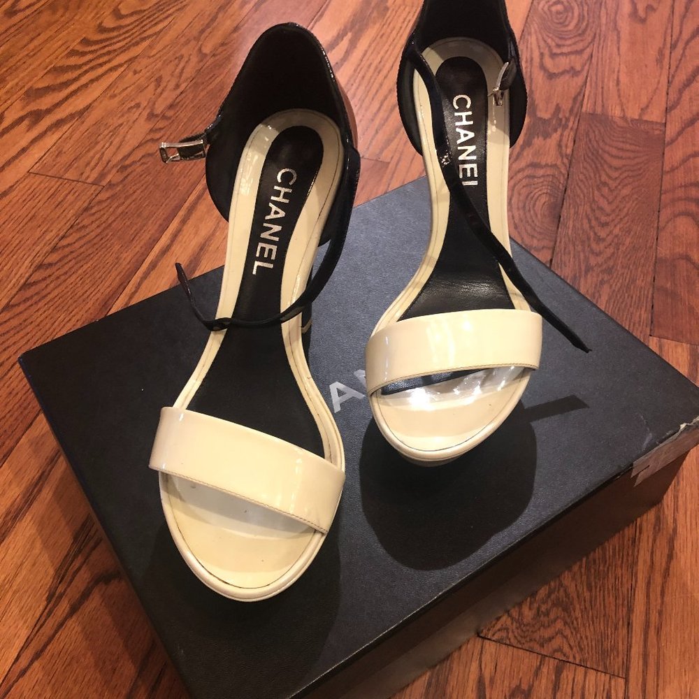 CHANEL Leather & Satin Two Tone Platform An
